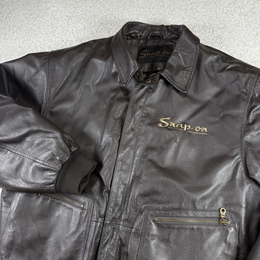 Snap-On Tools Leather Jacket Men Large Brown Quilt Line‎ Full Zip Bomber